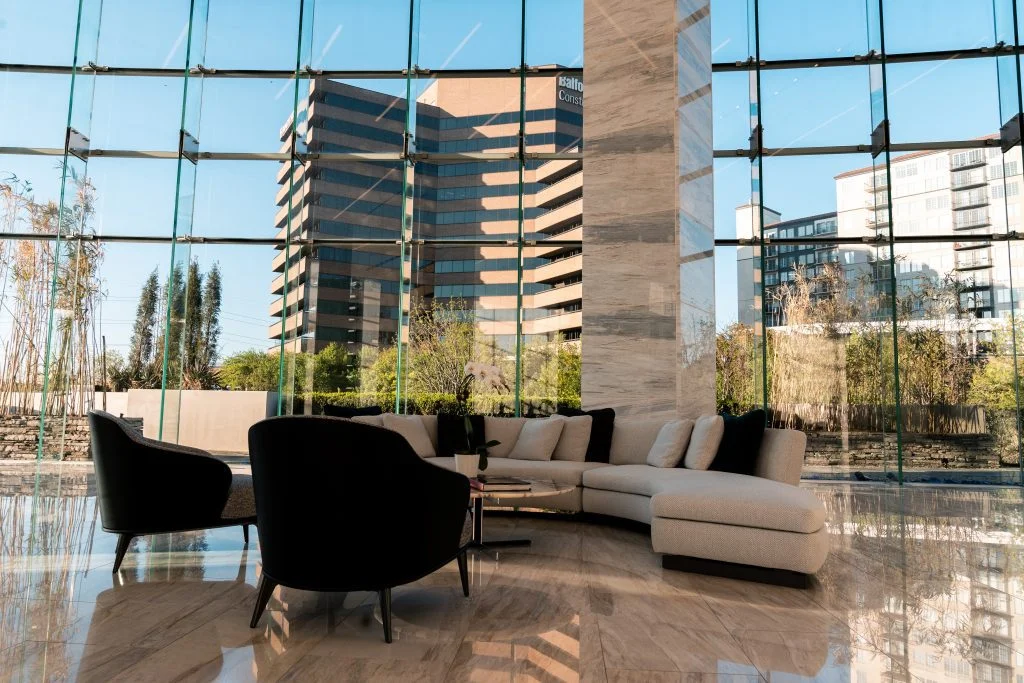 Blue glass ceiling interior